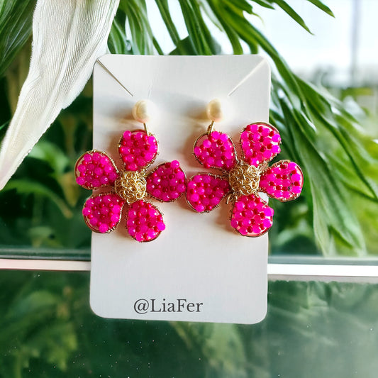 Vibrant Pink Flower/ goldfilled earrings